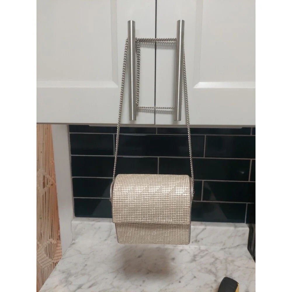 Vintage Whiting & Davis Crossbody Metal Mesh Evening Flap Square Bag Rare Biege